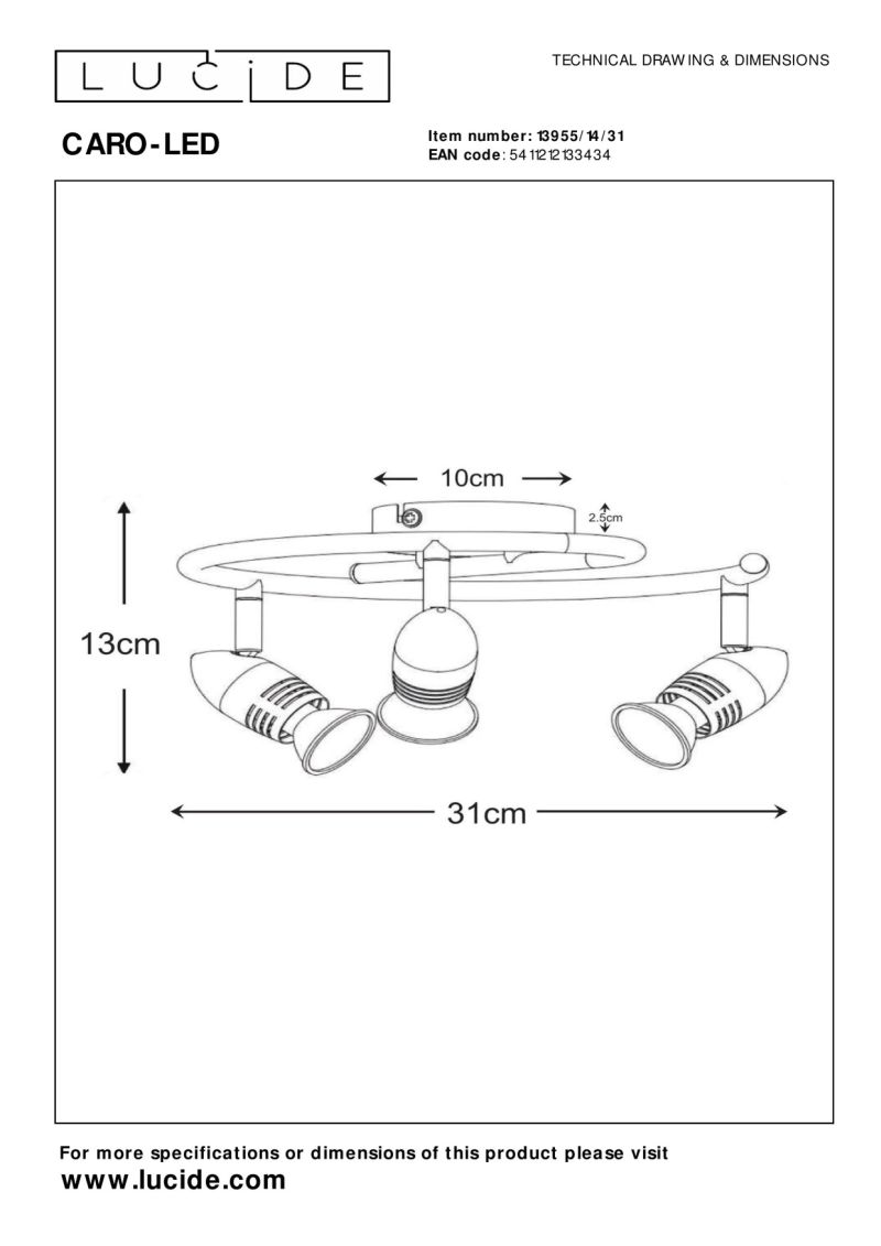 Lucide CARO-LED - Stropné bodové svietidlo - Ø 31 cm - LED - GU10 - 3x5W 2700K - Biele